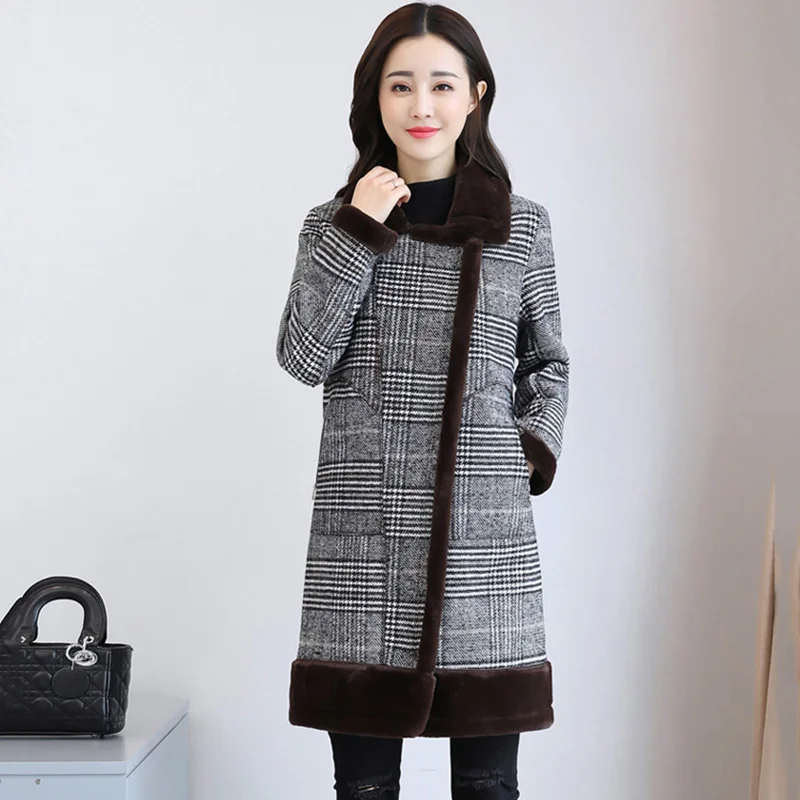 Женское шерстяное пальто большого размера вязаное с высоким воротником толстая