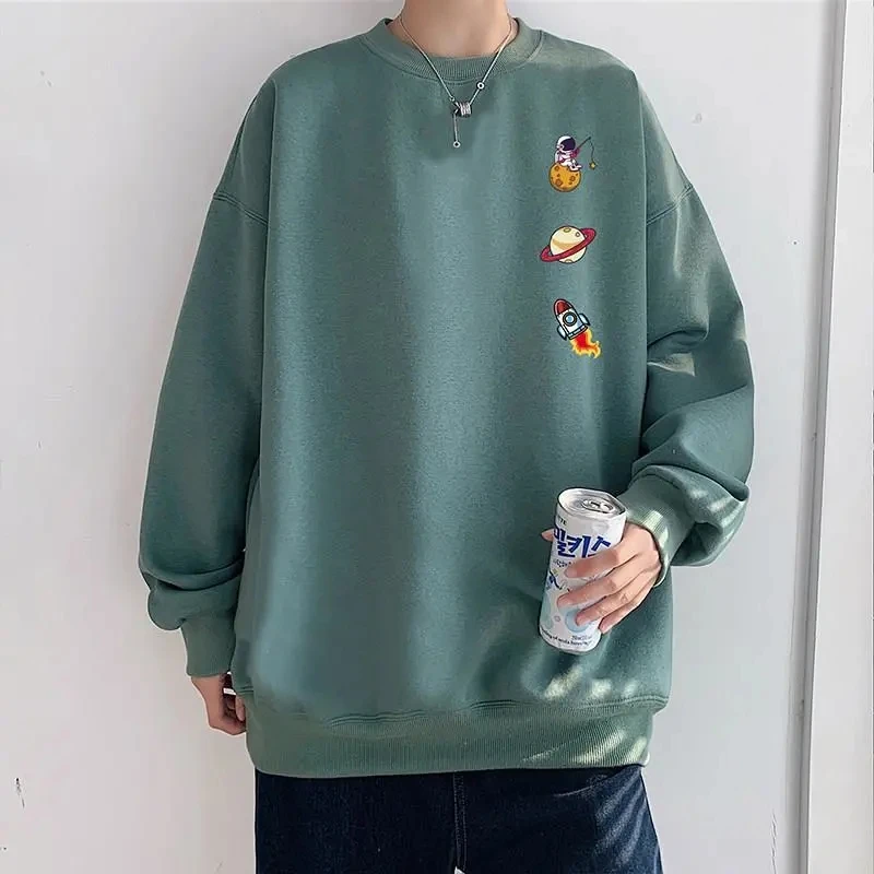 

High Street Harajuku Park Men and Women Oversized Long Sleeve Top Graffiti Round Neck Print Hoodless Solid Color Warm Sweatshirt