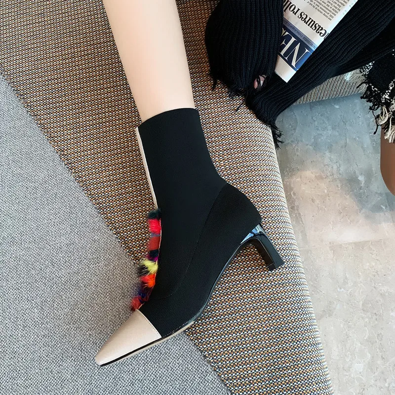 Женские ботильоны эластичная ткань ботинки для носки черный мех шнуровка