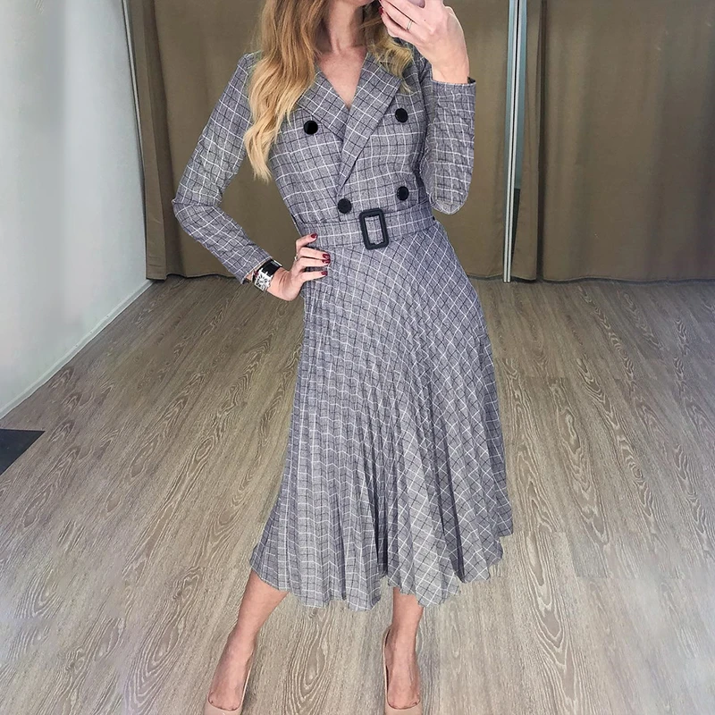 Женское платье блейзер Aartiee элегантное клетчатое с длинным рукавом и поясом на