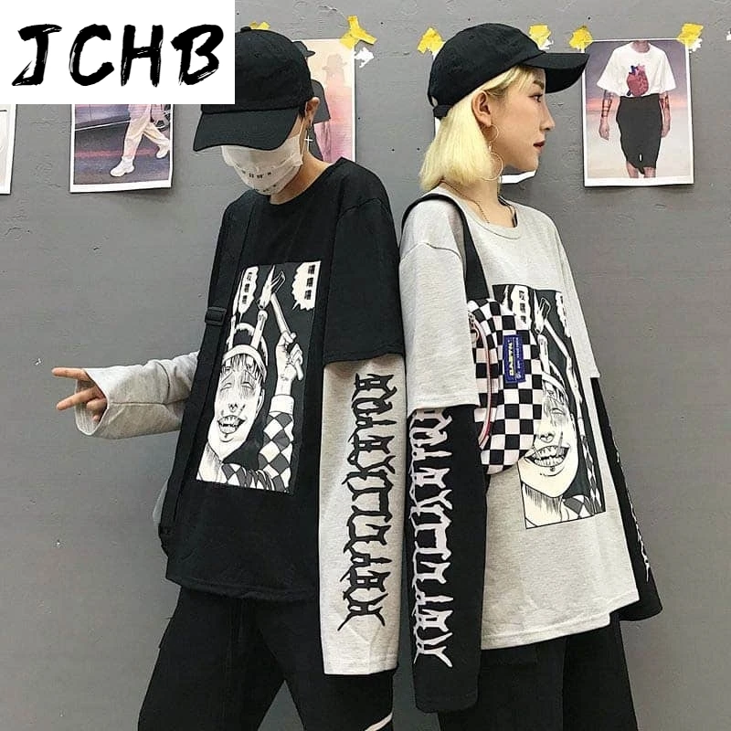 

2021 Oversized Tshirt Women Tshirt Men Harajuku Bf Style Street Horror Comics Fake Two Pieces T-shirt Korean Goth Punk Clothes