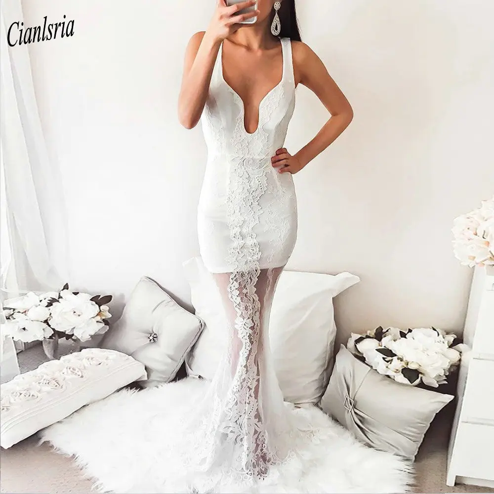 

Женское облегающее свадебное платье It's yiiya, белое платье до пола с глубоким V-образным вырезом и открытой спиной на лето 2019