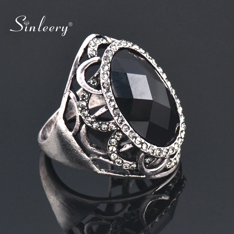 

SINLEERY Vintage Hollow Oval Big Wedding Rings Antique Silver Color Acrylic Crystal Rings For Women Fashion Jewelry JZ166 SSB