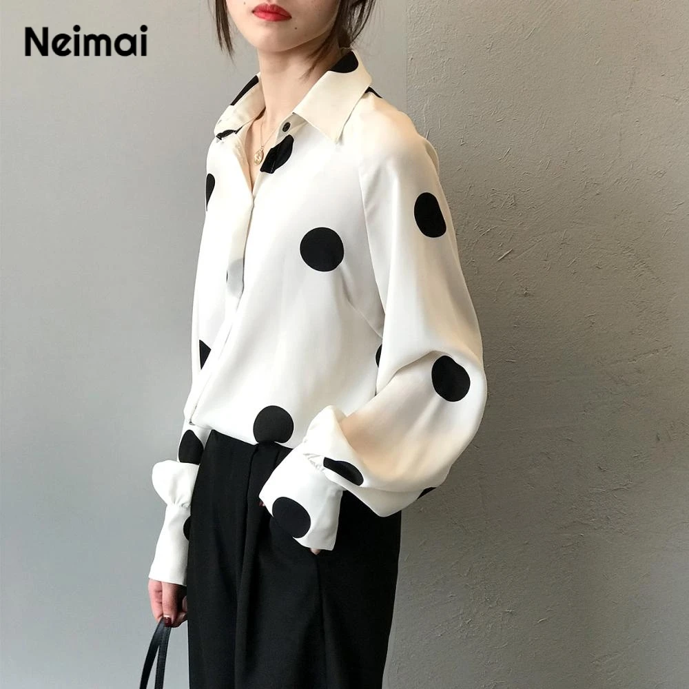 Neimai Blusas Mujer De Moda 2019 белая шифоновая блузка в горошек с длинными рукавами из сатина
