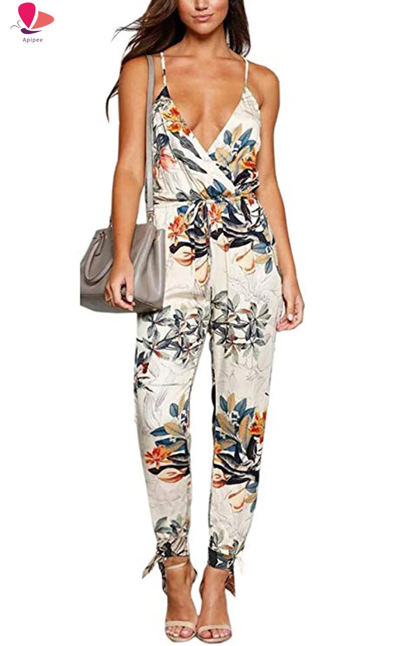 

Women Jumpsuits New Casual V Neck Floral Print Spaghetti Strap Female Bodysuit Bohemia Plus Size Drawstring Sexy Female Rompers