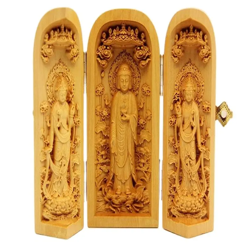 Украшенный 100% самшит резная статуя Божия богатства складная коробка лотоса Сэма