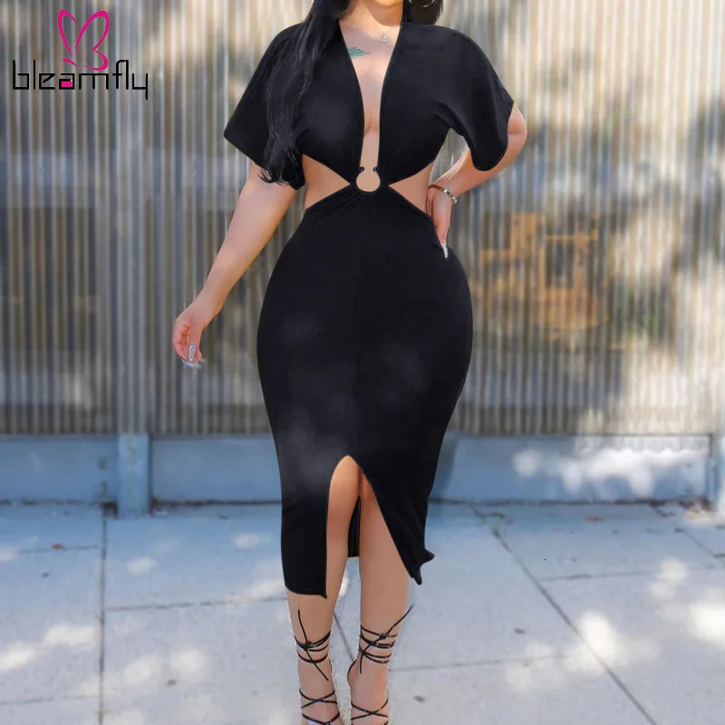 Женское сексуальное однотонное облегающее платье с v образным вырезом лето осень