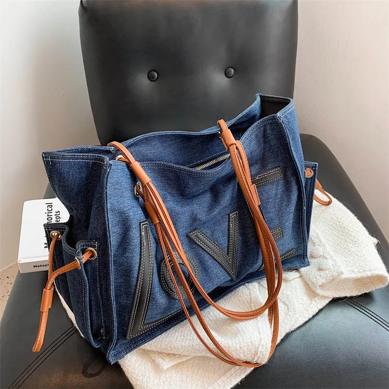 

Большая джинсовая женская сумка-тоут для подмышек, высококачественные женские дизайнерские сумки, женские вместительные дорожные сумки на...