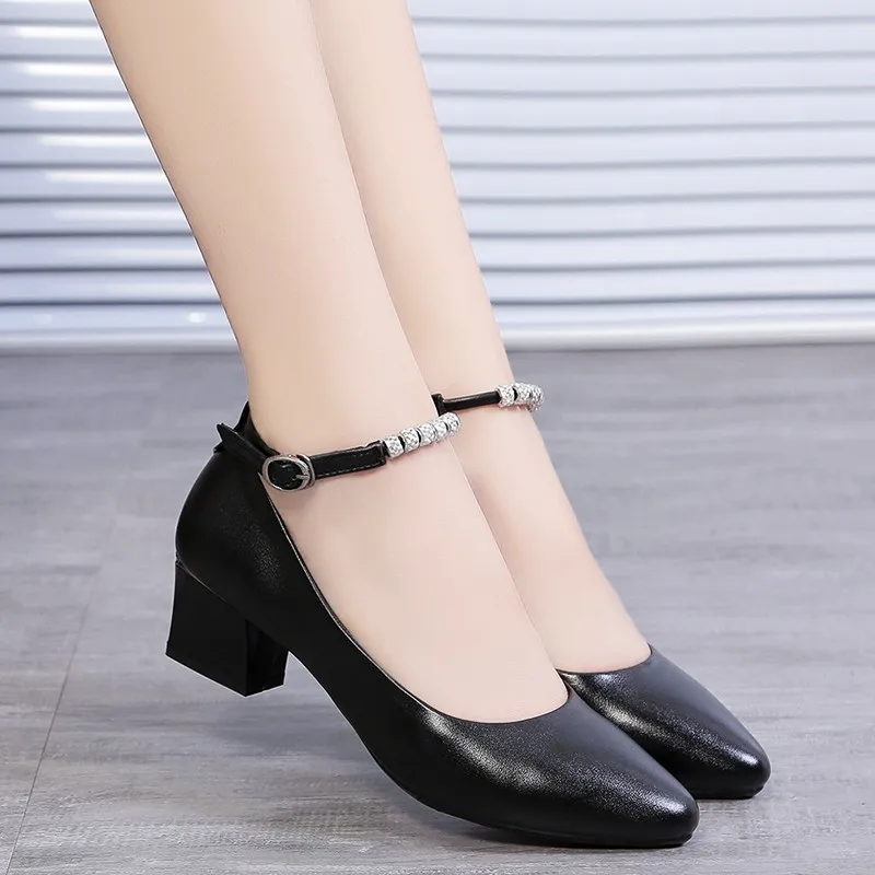 

Solid Black Leather 4cm High Heel Office Women Shoes 2021Spring New Ladies Thick Heels Crystal Ankle Strap Pumps Woman