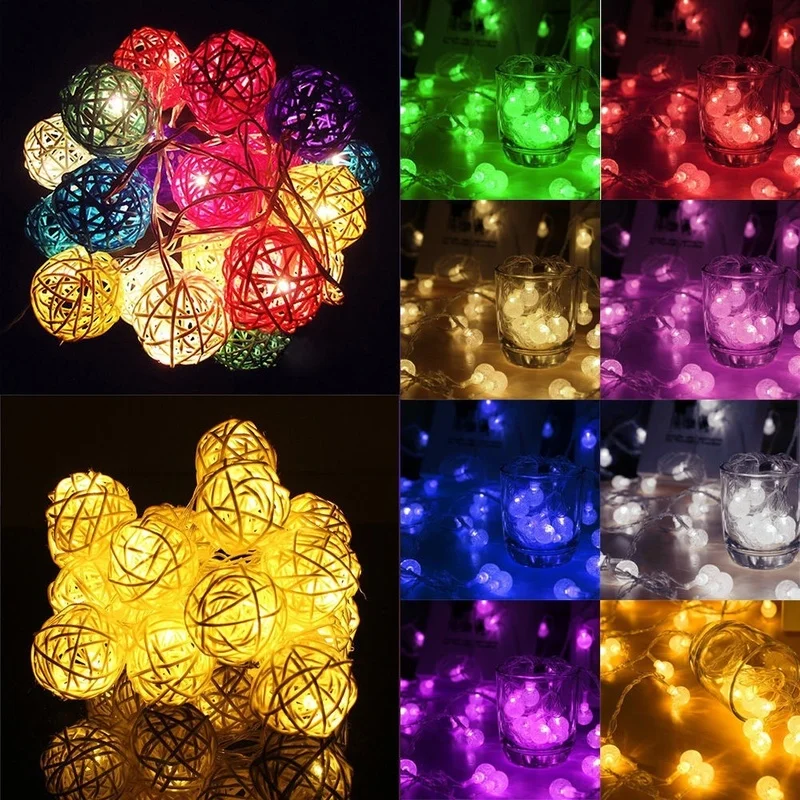 20 LED Rattan Balls String Lights Christmas Garland Cotton Ball Fairy Light Holiday Lightings Xmas Navidad Pop Year Decoration