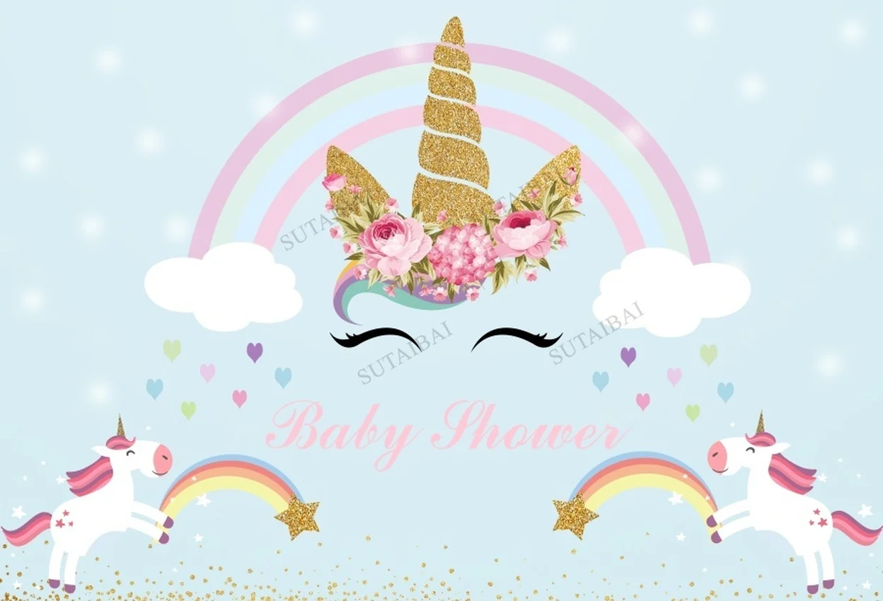 

Floral Unicorn Birthday Party Backdrop Newborn Baby Shower Photography Background Twinkle Stars Watercolor Flower Photocall