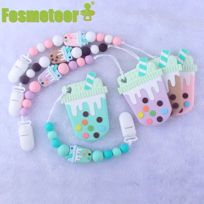 

Fosmeteor 1set Milk Tea Cup Silicone Teether Toy and Soother Pacifier Holder Clip Chain Best Newborn Shower Molar Product Gift