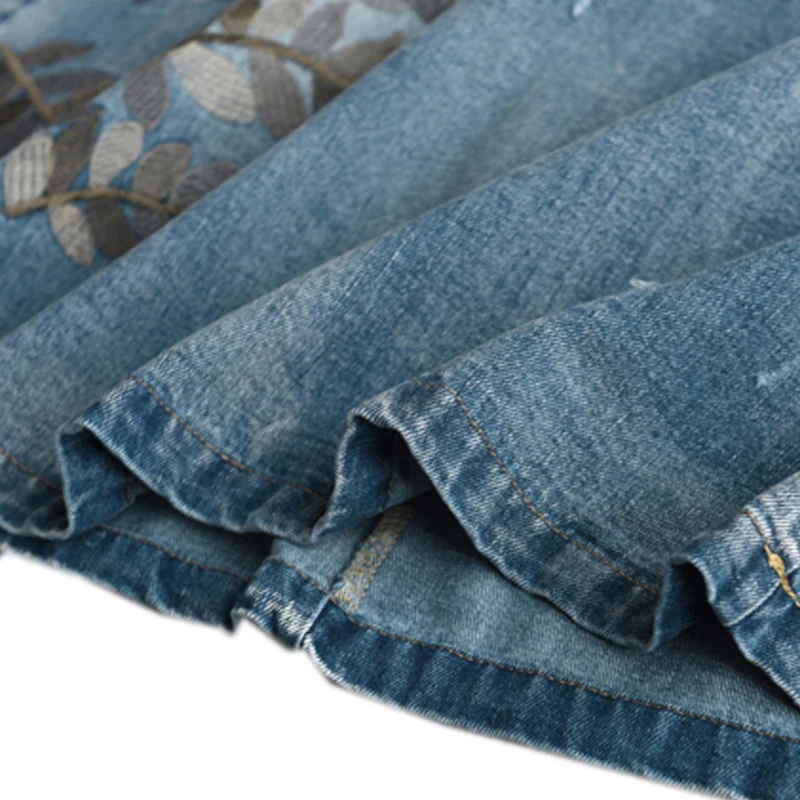 

Women Denim Skirt Casual Fashion Retro Vintage Long Big Loose Elastic Waist Skirt Embroidery Leaves A10221345