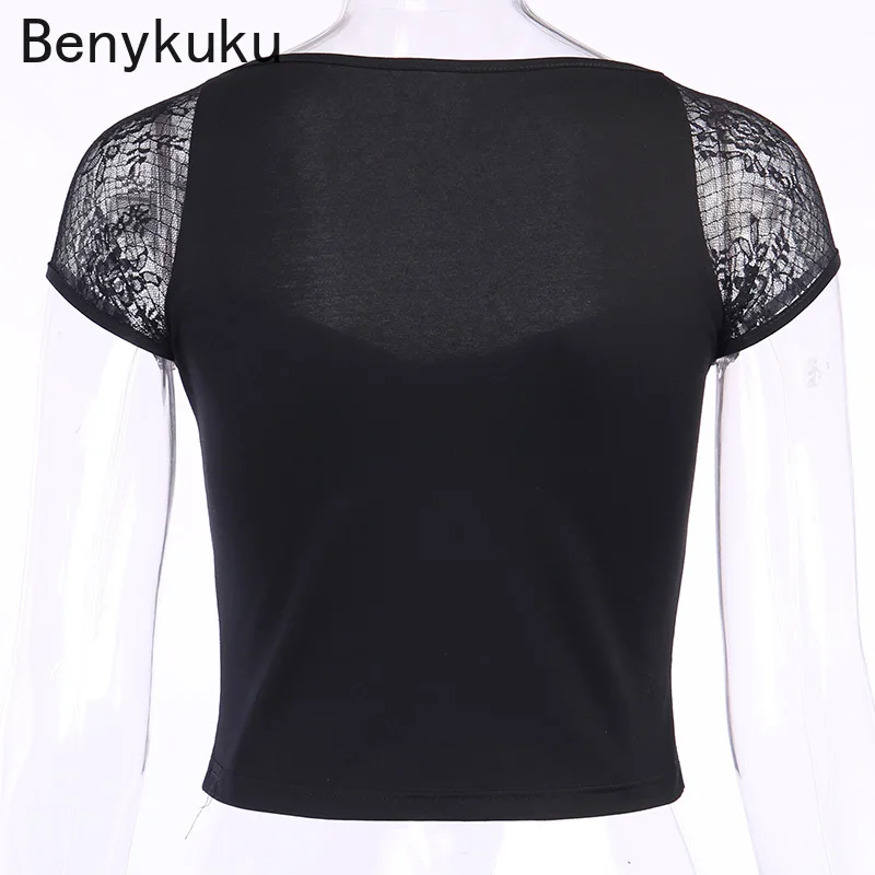

Bodycon Bandage Lace Short Sleeve Black T-shirts Sexy Vintage Party Female Crop Tops Lady Casual Tees Summer Women Streetwear