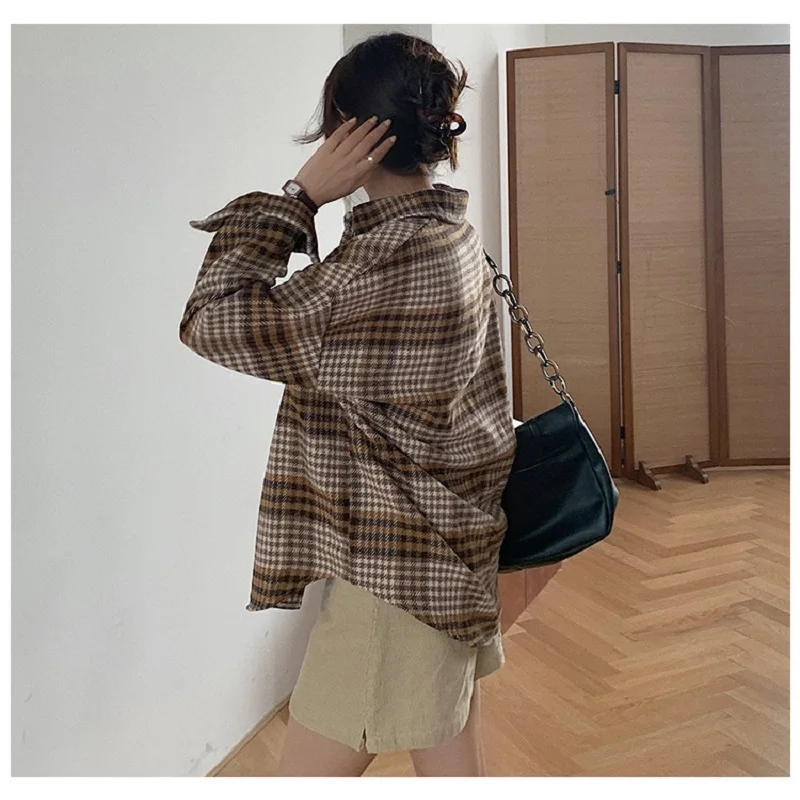 

2 Colors Spring Women Vintage Oversize Woolen Plaid Shirts Batwing Sleeve Turn-Down Collar Thick Blouse Girl Ladies Casual Tops