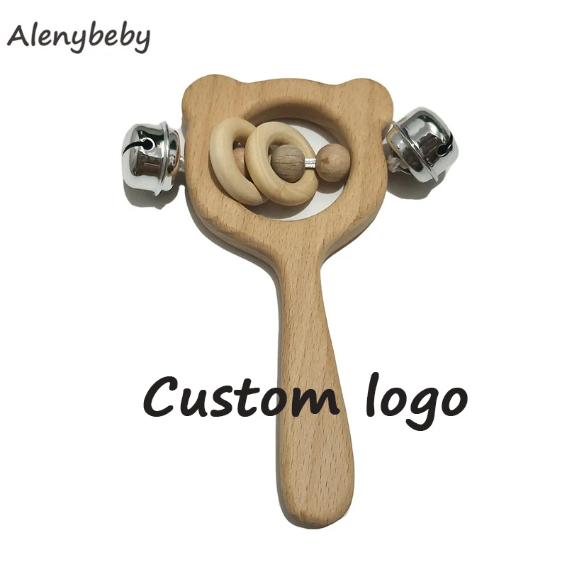 Custom logo Natural Wooden Rattle Shape Teether DIY Kids Teething chew Necklace molar Tooth baby Teether Nursing bell toys