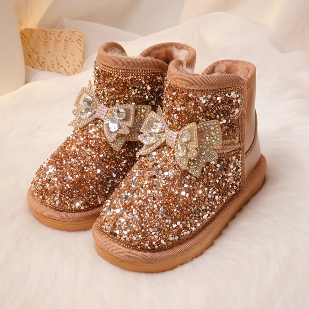 

Girls Snow Boots Children's Shoes Glitter Casual Shoes Soft Sole Comfortable Warm Bow Plush Boots Short Princess Boots