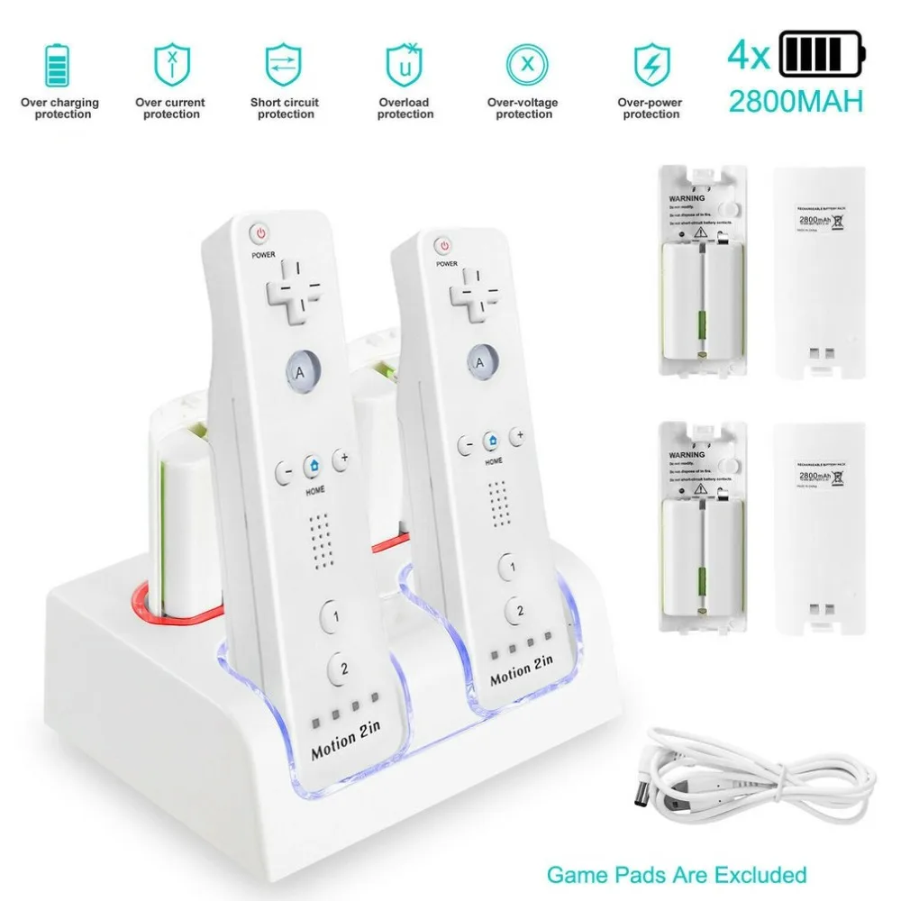 4 в 1 led пульт дистанционного управления зарядная док-станция+ 4x2800mAh аккумулятор для wii u