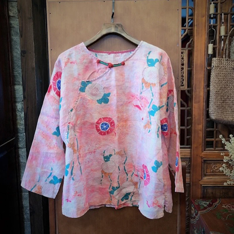 Женские блузки в китайском стиле Johnature льняные рубашки с круглым вырезом и