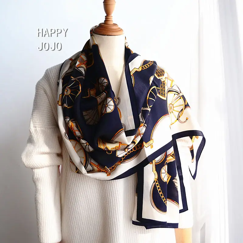 

Hangzhou luxury 100% natural silk printed long navy blue scarf for women real silk wrap shawl bandana high quality gift for lady