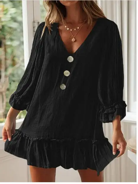 

Women Boho Dress 2022 V neck Summer Sexy Long Sleeve Button Beach Ruffles Dress Ladies Casual Sundress Dresses vestido