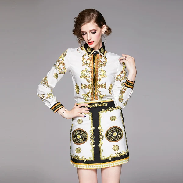 Autumn Fashion Runway Golden Printed Suits Set Women's Long Sleeve Blouse Shirt + Elegant High Waist Mini Skirt Two Pieces | Женская