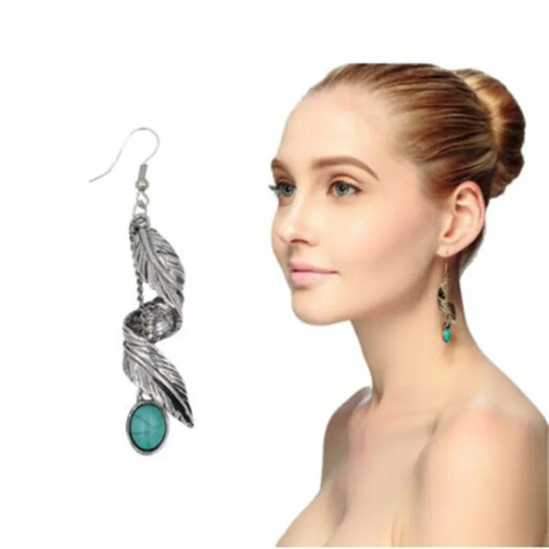 синие серьги бирюза серебро с бирюзой камнями Ретро Boho Turquoises листья для женщин