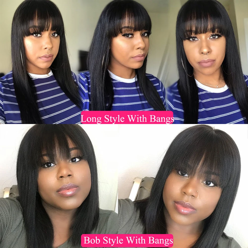 

Straight Human Hair Wigs With Bangs Brazilian Full Machine Made Human Hair Wigs For Women 10-28 Inch Fringe Wig WOME Remy Hair