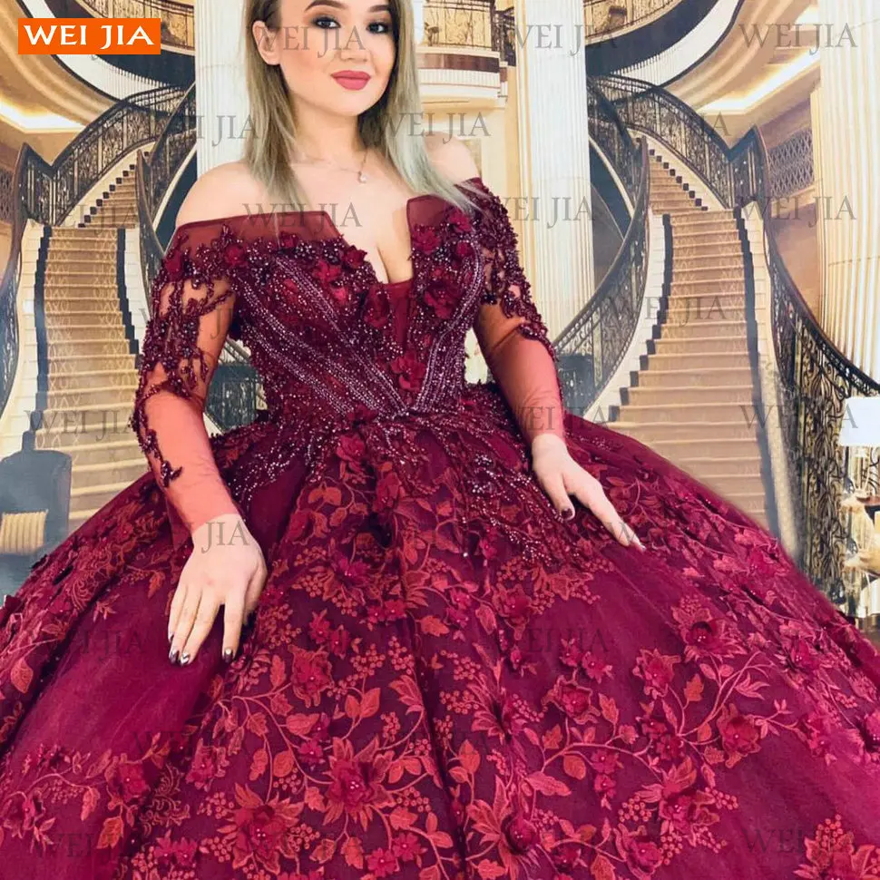 Lace Prom Dress For Women Long Sleeves Off Shoulder Vestidos De Fiesta 2021 Appliqus Beaded Ball Gown Party Dresses Robes De Bal