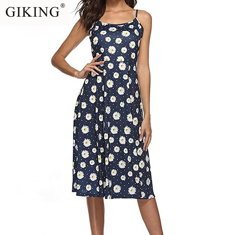 GIKING Floral Frinting Summer Dress Women 2019 Spaghetti Strap Boho Midi Backless Casual Beach Dresses Zomerjurk Dames | Женская одежда