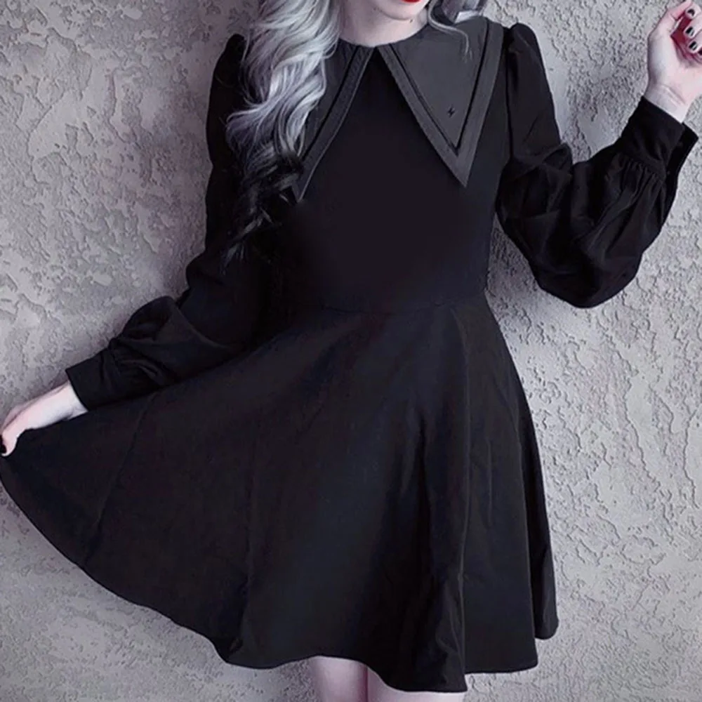 Женское платье с длинным рукавом высокой посадкой темно-синий воротник