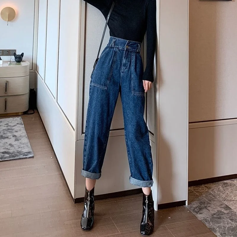 

Jeans Women High Waist Boyfriend Full Length Stylish Loose Trouser Vintage All-match Straight Ins Denim Design Big Pockets teens