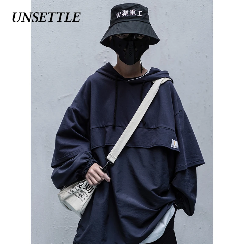 UNSETTLE 2020SS Men/Women Harajuku Japanese Hooded Fake two Hoodie Casual WindbreakerCoats Hip Hop Streetwear Male tops | Мужская одежда