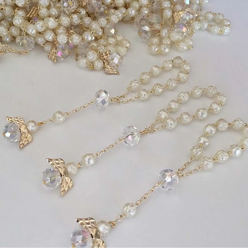 10pcs Ivory Color Baptism Favors with Angels Mini Rosaries Gold Plated Acrylic BeadsChristening Communion  Finger Rosari