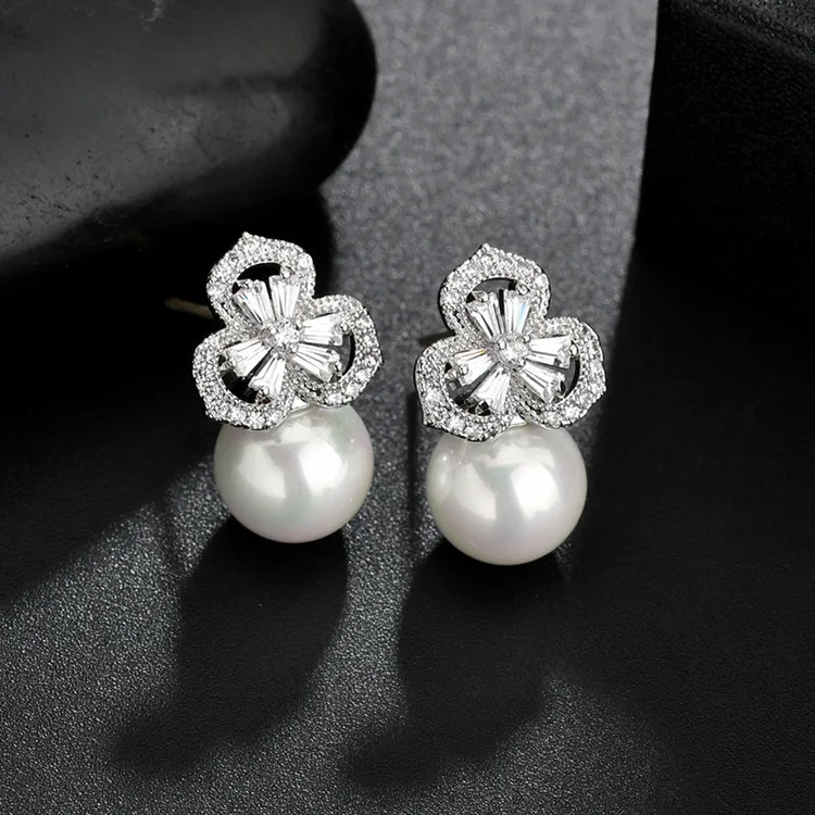 Uilz Luxury Female Crystal Flower Stud Earrings Pearl Wedding Double Zircon For Women UE2475 | Украшения и аксессуары