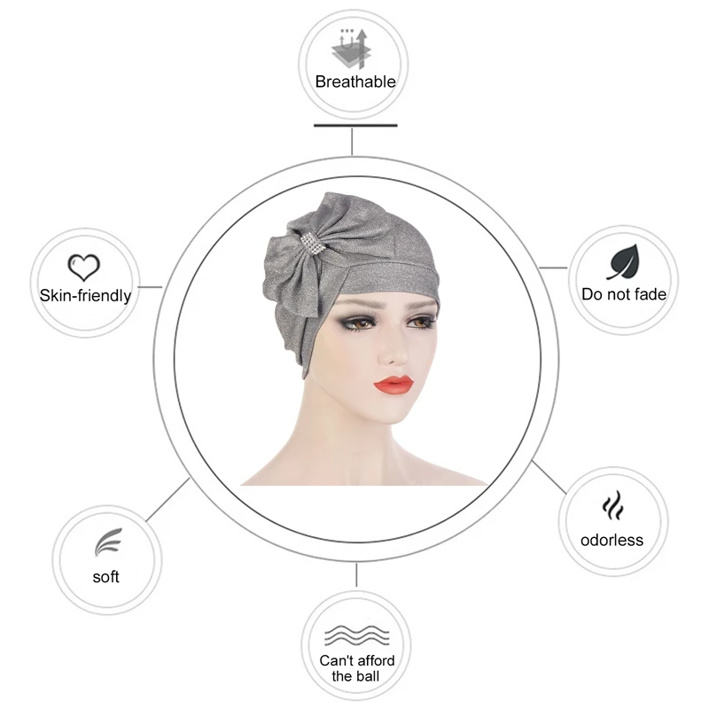 

New Multicolor Glitter Bowknot Fashion Turban Hat Cross Forehead Big Bow diamond-studded Turbans For Women Headwrap Muslim