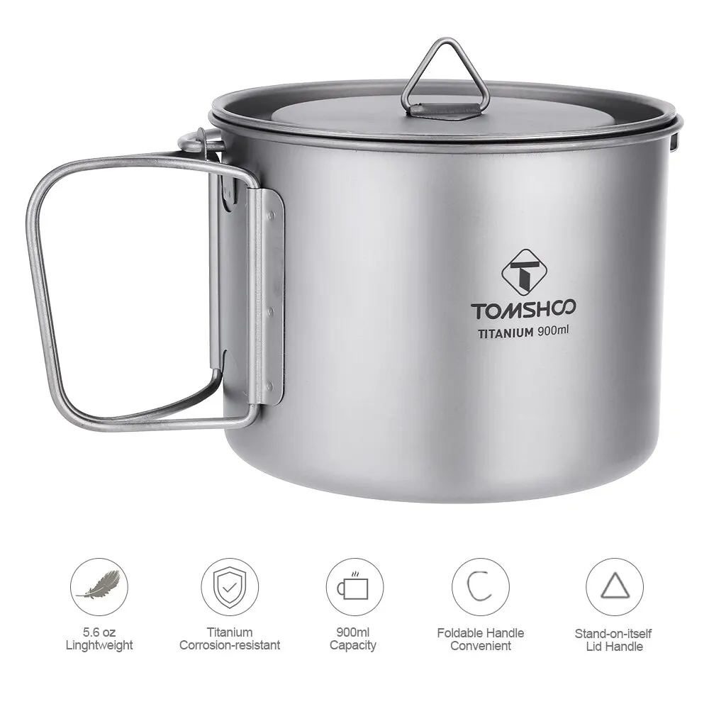 TOMSHOO 900ML Portable Titanium Pot Water Mug Cup with Lid and Foldable Handle for Outdoor Camping Cooking Picnic | Спорт и