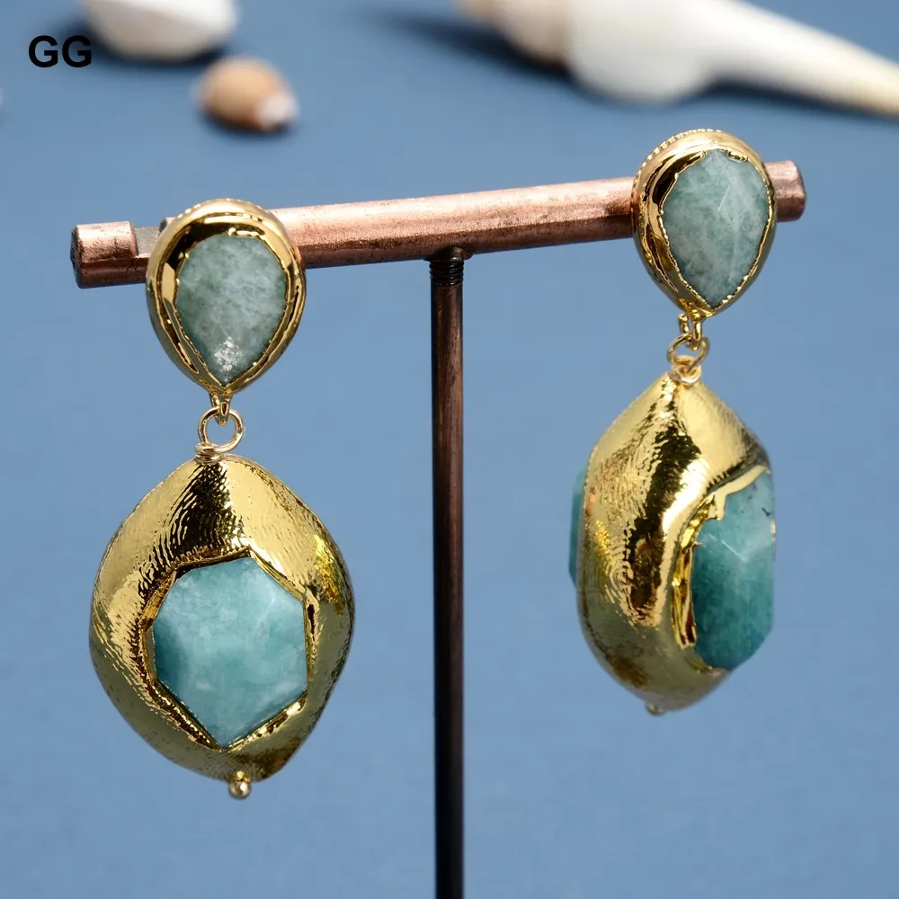 

GG Jewelry Natural Green Amazonite Nugget Real Gems Gold Color Plated Beads Necklace Bracelet Earrings Sets Cute For Women