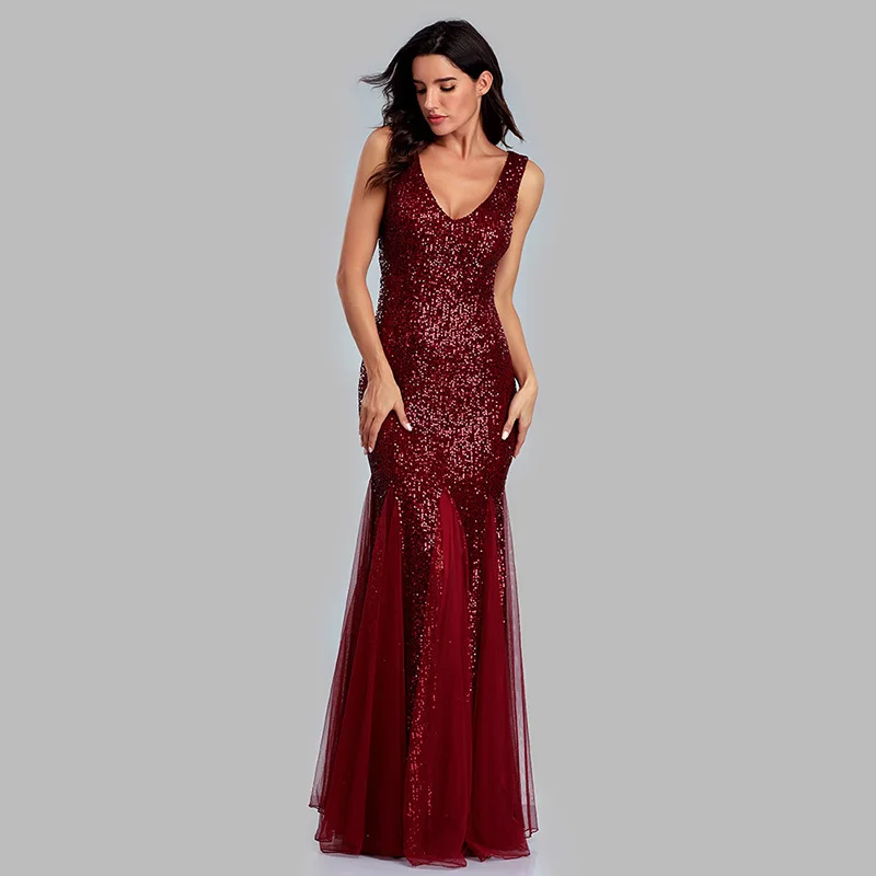 

2021 Summer Women's Sexy Quality High-end Dress Sequined Fishtail Deep V-NECK Sleeveless Long Temperament Banquet Evening Dress