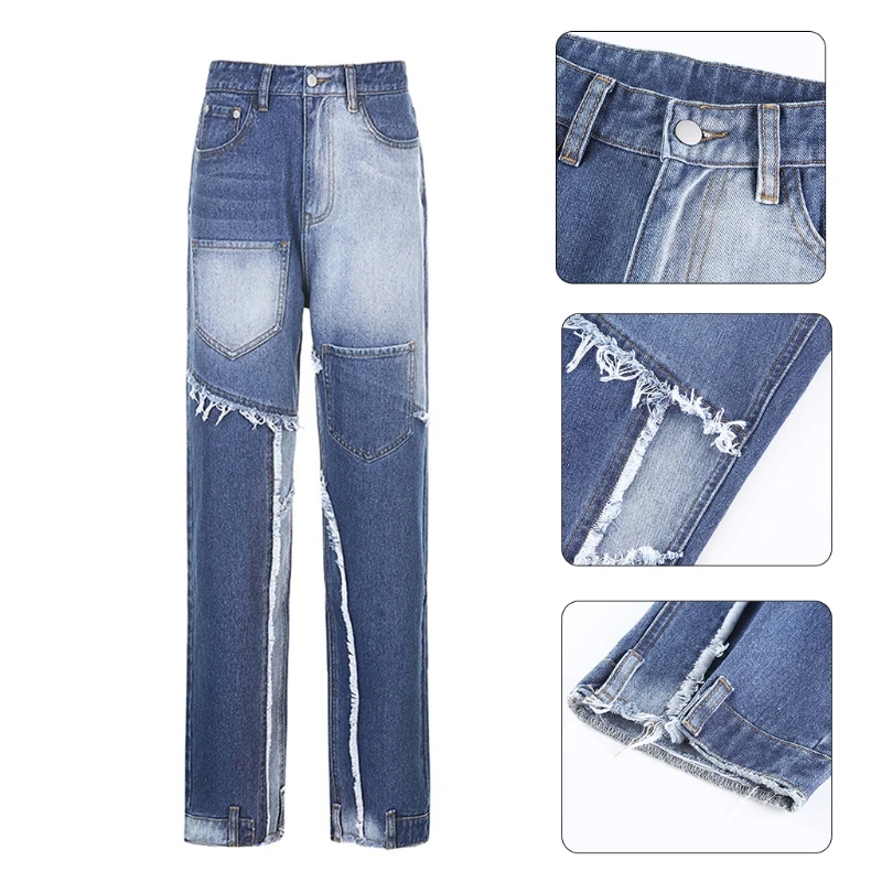 

Women High Waist Color Block Jeans Pocket Patchwork Hip Hop Straight Denim Pants M5TE