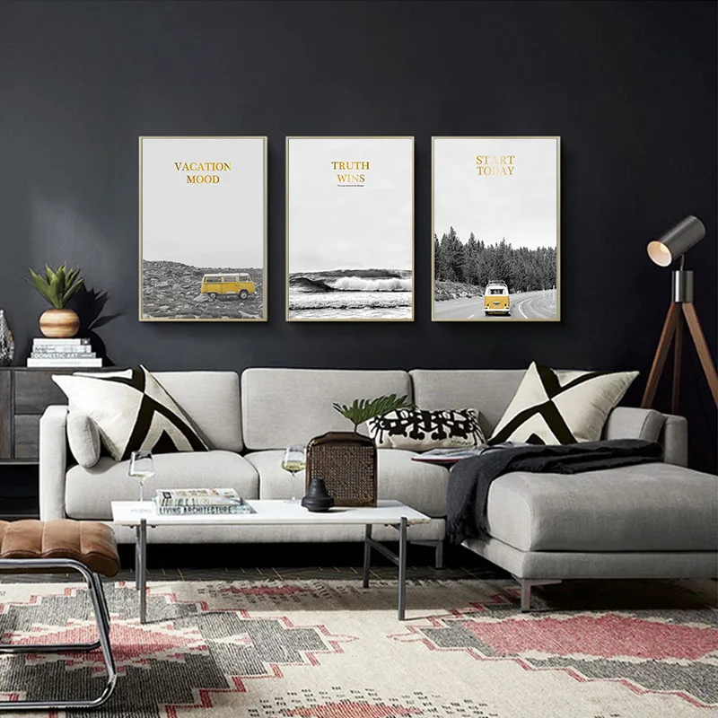 Современный плакат с желтым автобусом и лодкой морской принты черная белая