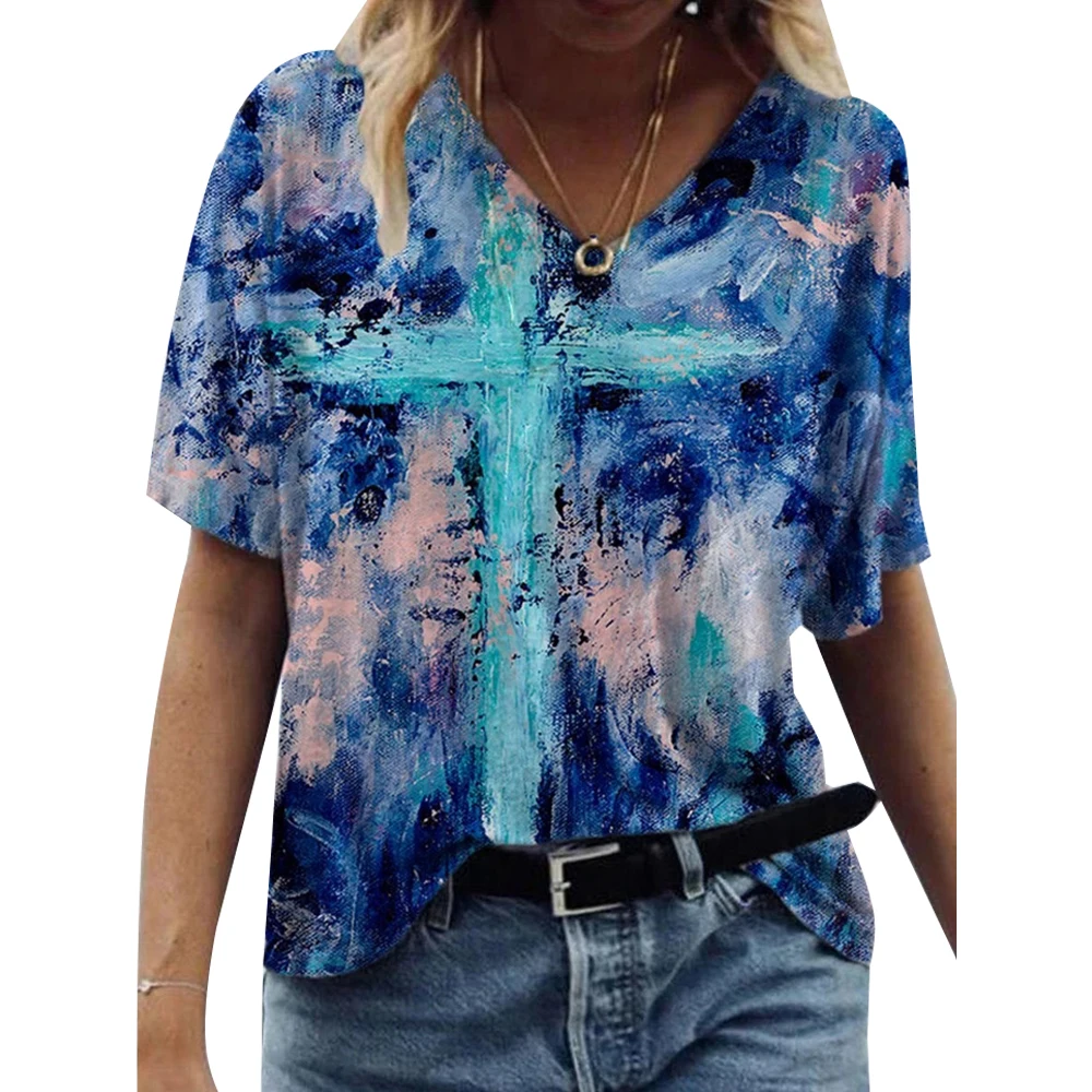 

Cross Abstract Painting Print Hot Sale V-neck Short Sleeve Tees Summer 2021 Fashion Tees for Women T-shirt Hot Sale Female Top