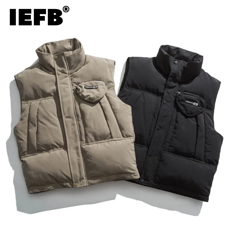 

IEFB Autumn Winter Menswear Fashion Cotton Vest Men New Loose Stand Neck Sleeveless Zipper Warm Coat Tide Workwear Clothes