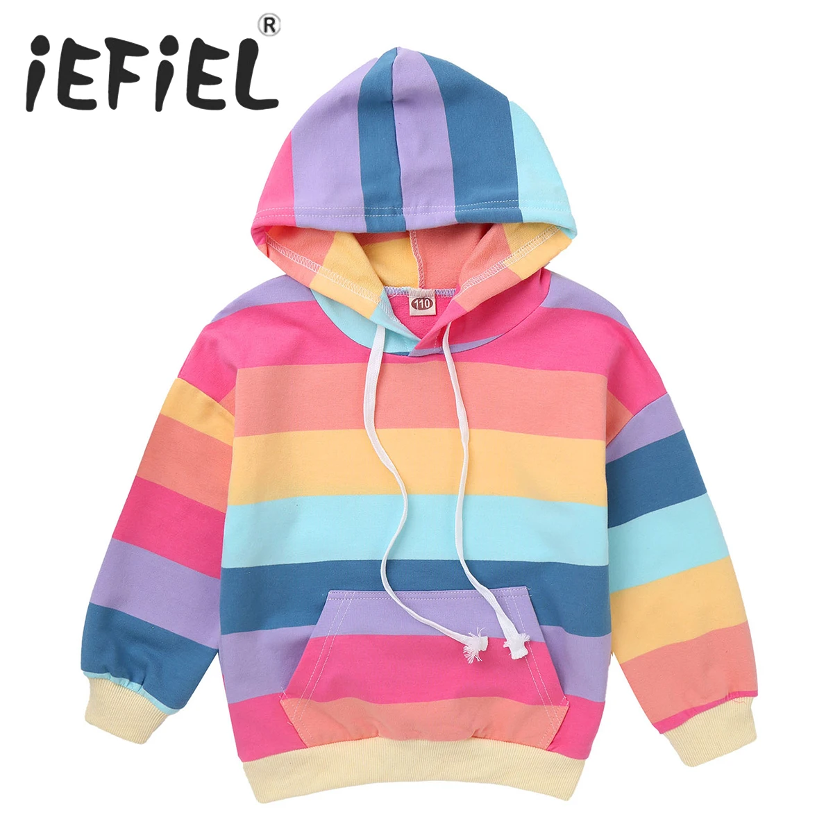 

Детская весенне-осенняя Толстовка для девочек, пуловер с длинным рукавом и радужными полосками, свитшот с капюшоном, топы, пальто, повседнев...