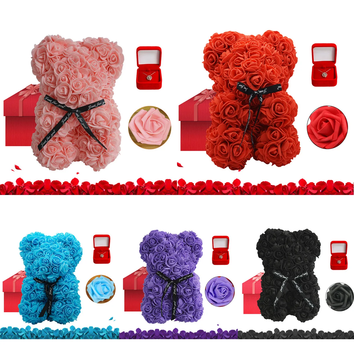 

Rose Bear Rose Teddy Bear and Necklace Card Gift Box Set for Anniversary Birthdays Bridal Showers Mother's Day K888