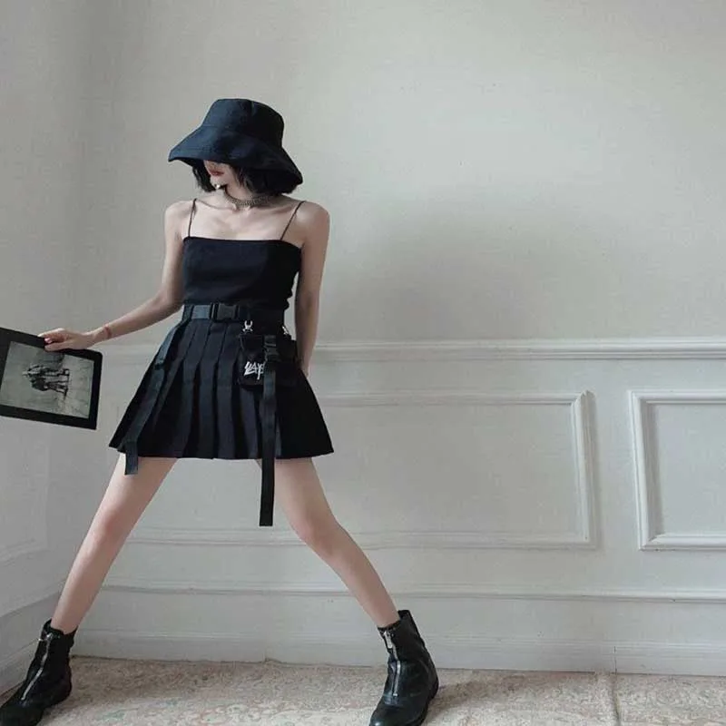 Уличная одежда NiceMix Cheerart черная плиссированная юбка с поясом и вышивкой