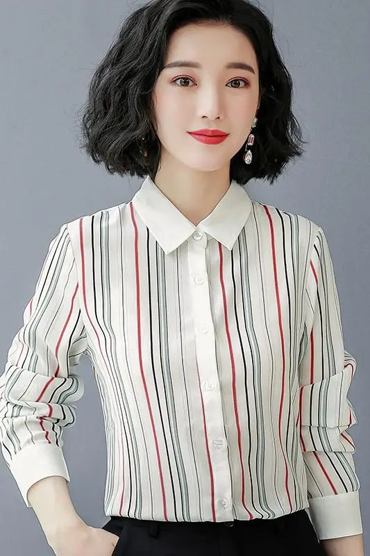 

New Long-sleeved Blouse Polo Collar Tops Comfortable Fashion Blouses Summer Korean Stripe Wire Leisure