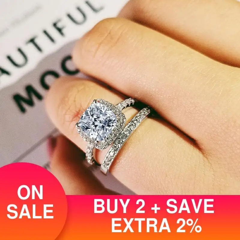 

2021 new luxury cushion original 925 sterling silver wedding ring set for women lady anniversary gift jewelry wholesale R5146S