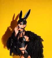 black bunny men women dark rabbit mask sexy stage dancer wear modern dance costume dj party clothing