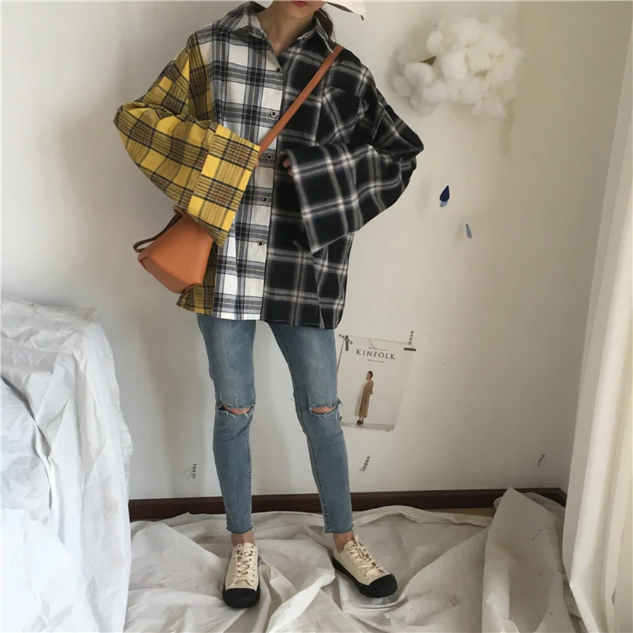 BTS клетчатая рубашка Женская хлопковая Лоскутная Повседневная Блузка с длинным